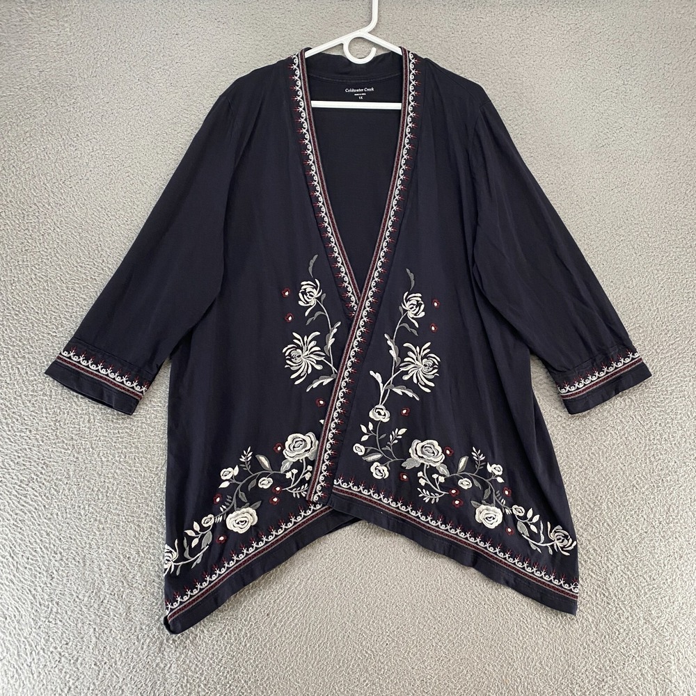Coldwater Creek Cardigan Sweater Womens 1X Embroidered Floral Open Front Boho